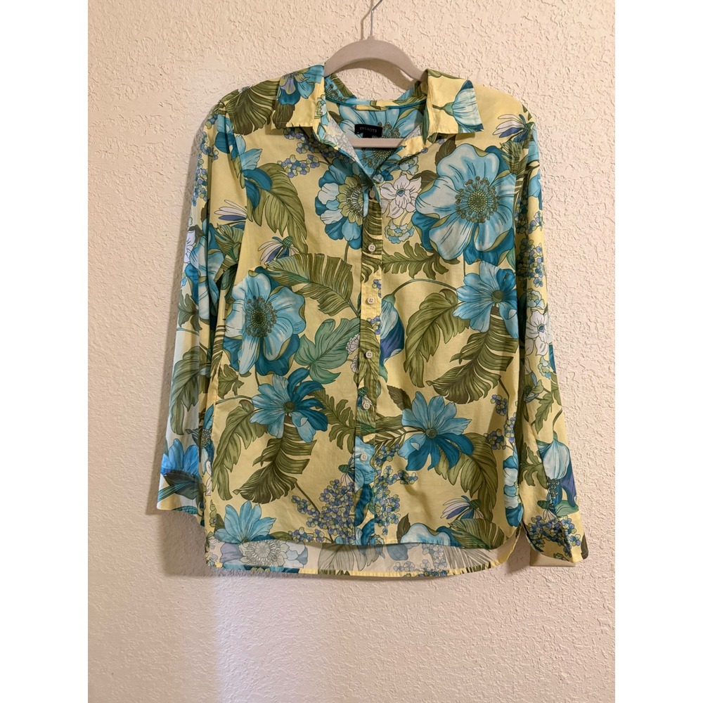 Talbots Womens Yellow Blue Tropical Floral Cotton Button Down Shirt Size M